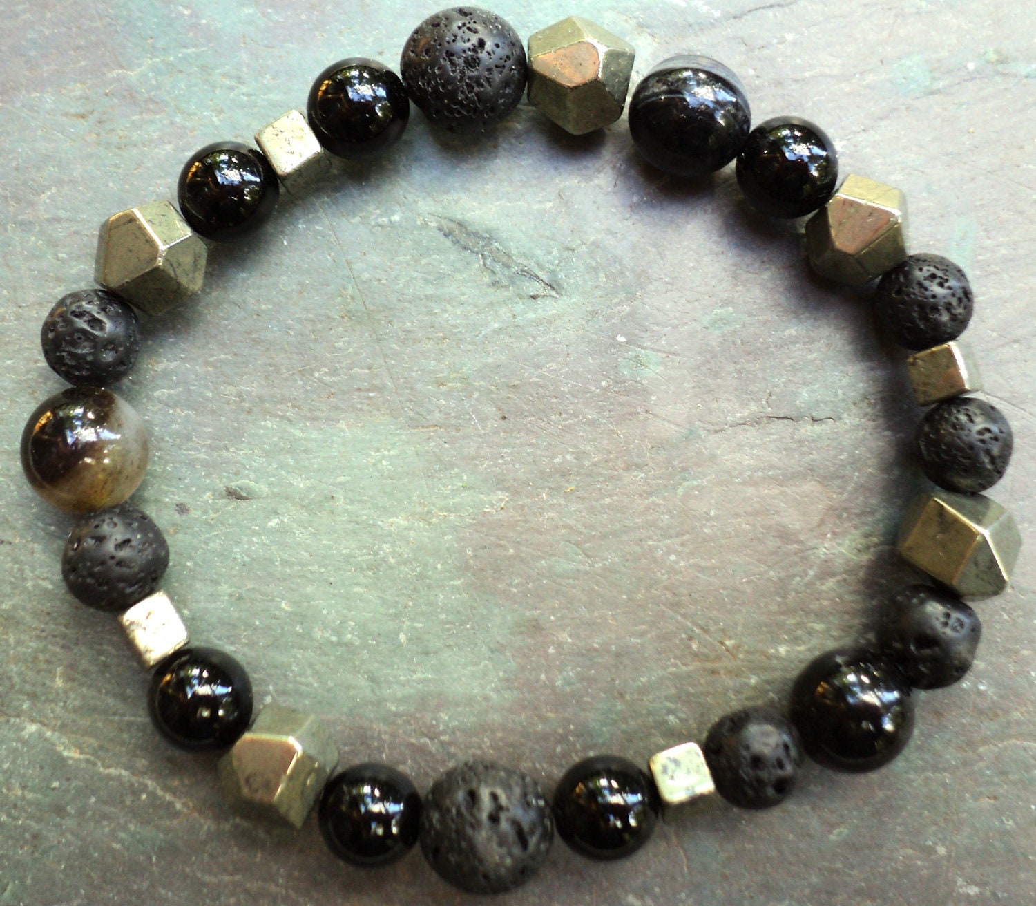 Lava, onyx and pyrite bracelet. Mens/unisex large black and grey gemstone stretch bracelet.