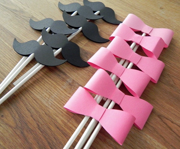 Cupcake Toppers: Gender Reveal Baby Shower - Die Cut Pink Girl Bow & Boy Mustaches