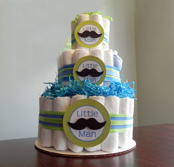 Little Man Mustache Diaper Cake - Three Tier Baby Shower Gift or Centerpiece boy green blue black