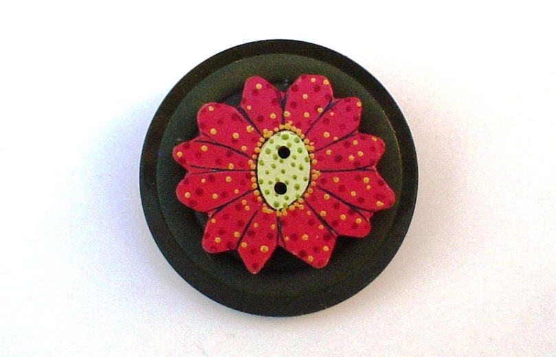 Vintage Button Pin/Pendant with Hand Painted Polka Dot Wood Flower Button Jewelry