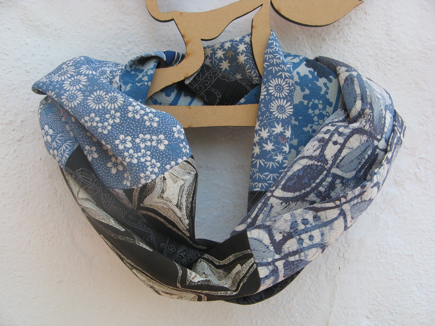 Kimono Silk Long Scarf, muted shades of  Blue, PERFECT ACCESSORY GIFT