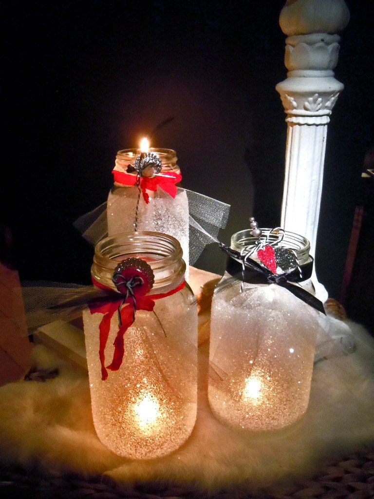 handcrafted COTTAGE shabby wedding decor JAR vases memento keepers by Lisa Rice SET of 3