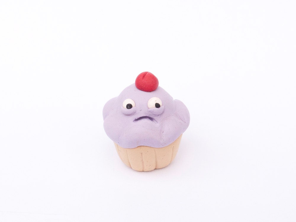 Lavender Cupcake with Cherry on Top - Lavender Cupcake Polymer Clay Sculpture- Lavender Grumblecake Figurine