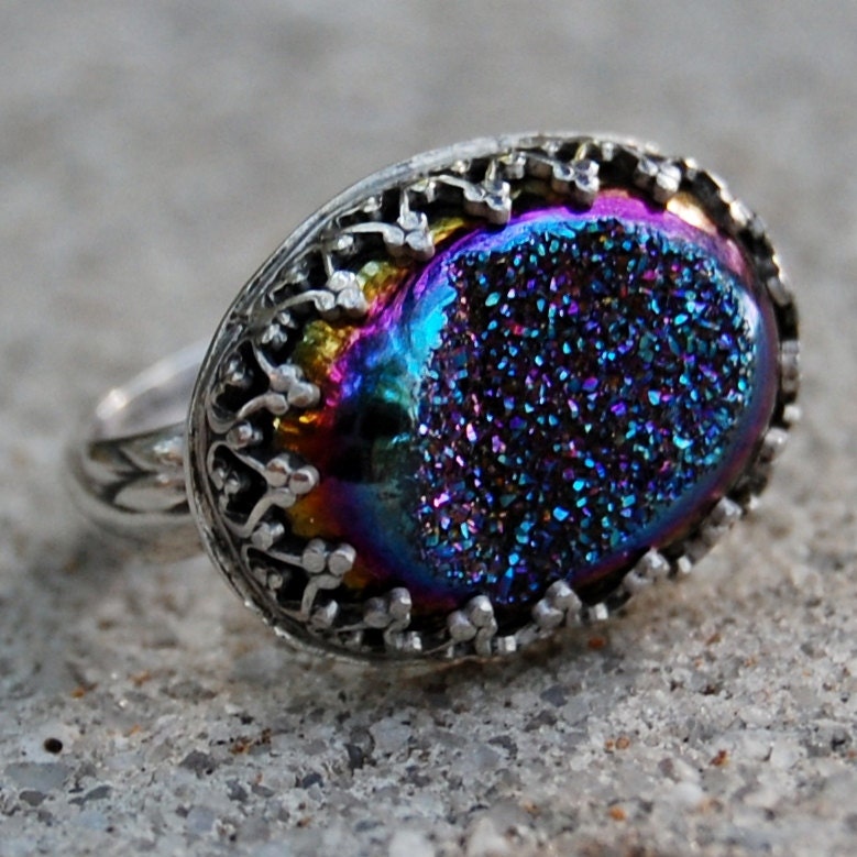 Size 5.5 - Cobalt Titanium Druzy Quartz Hand Forged Ring