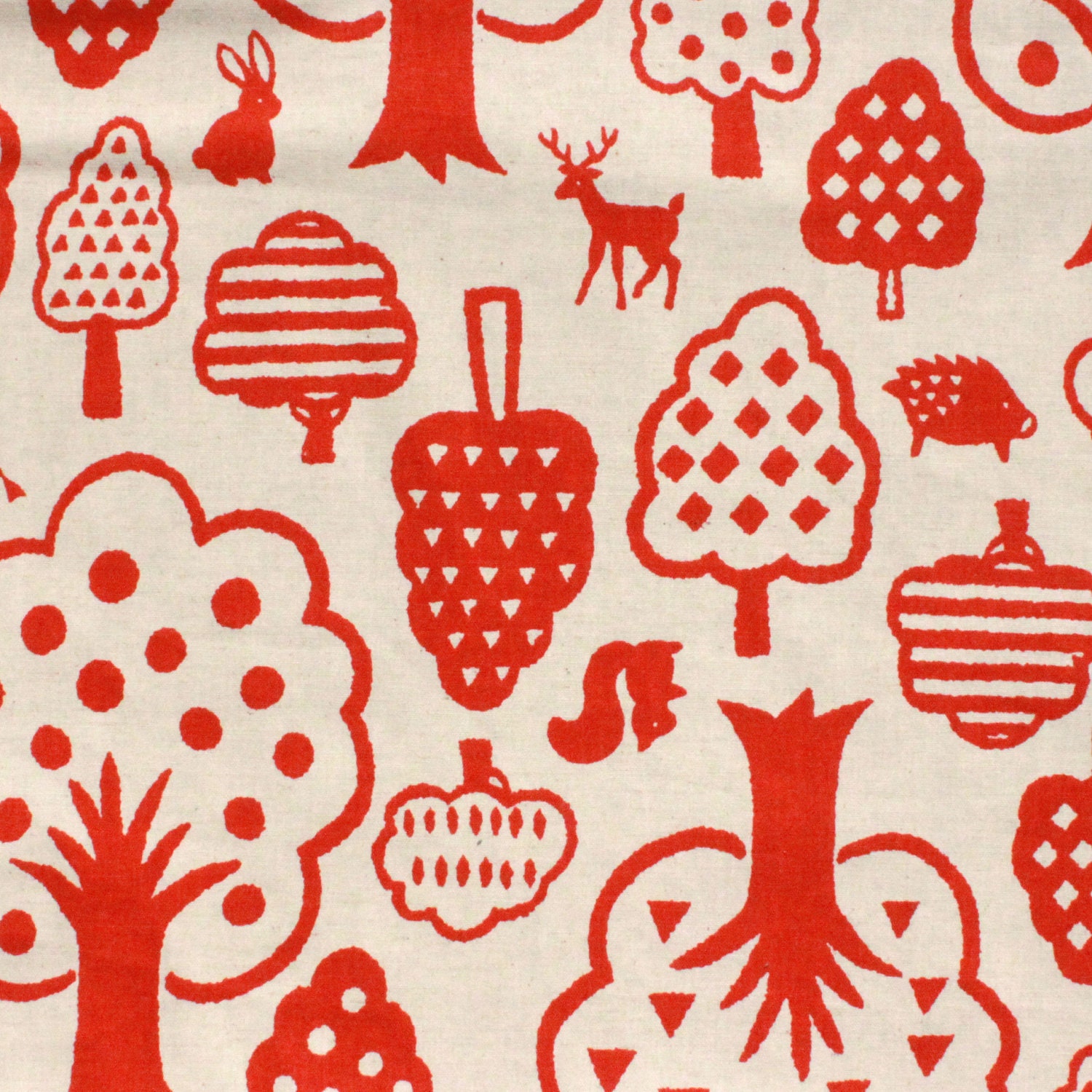 Kokka Woodland Wonderland in Tomato on Natural Linen Japanese Textile - FABITAT