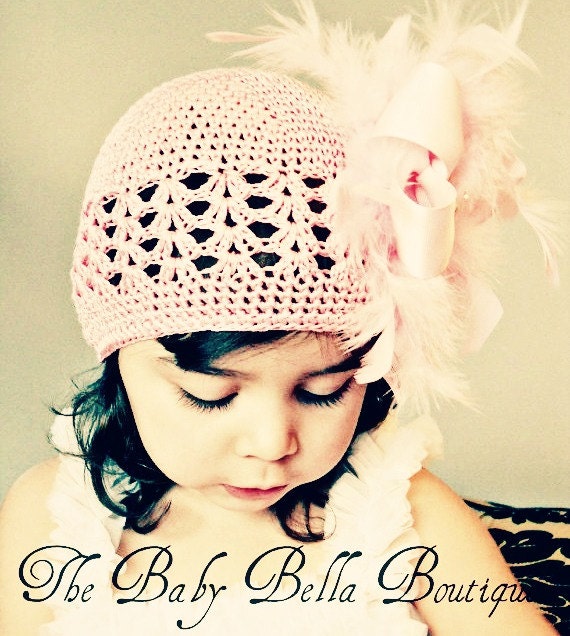Baby Girl Sassy Pink crochet hat,Feathers and boutique bow Girl hat.