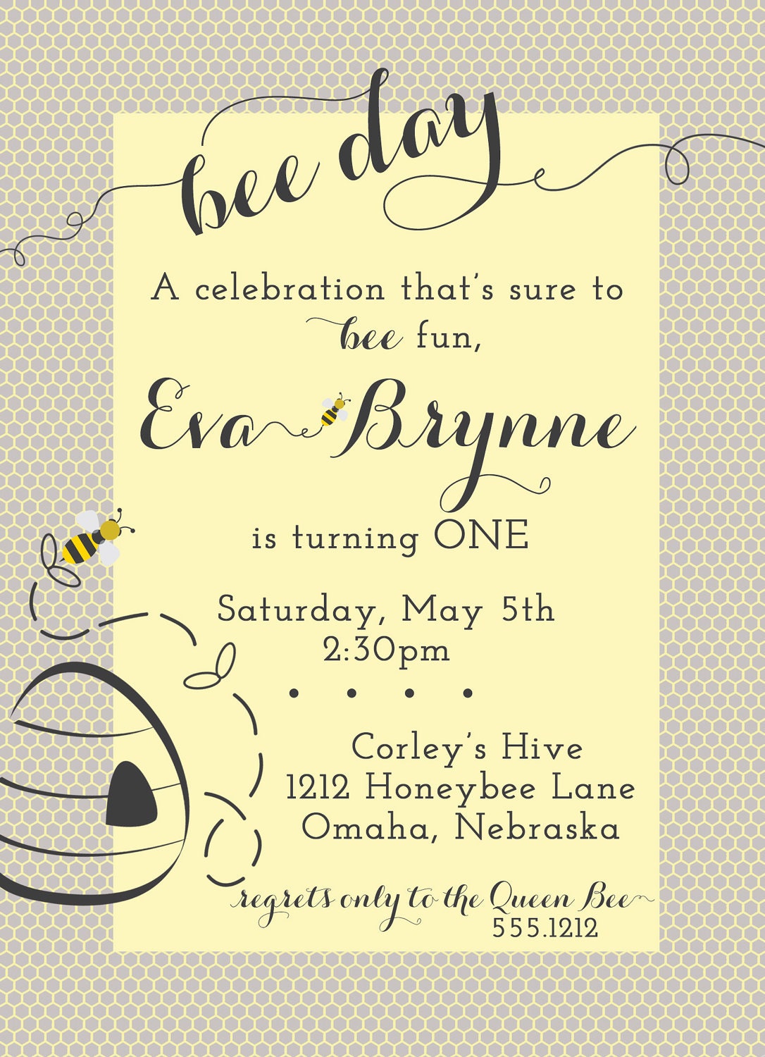 BEE Day Birthday Invitation, yellow and gray, honeybee, PRINTABLE by Libby Lane Press Il_570xn