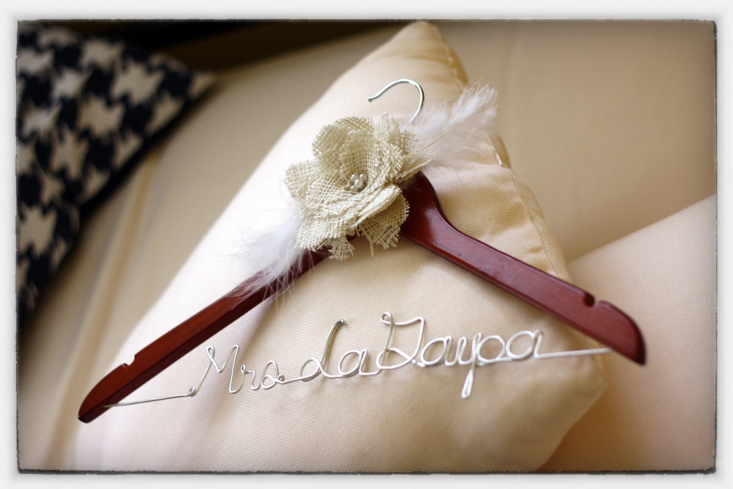 Wedding Dress Hanger with Burlap Flower - Cherry Finish Custom Bridal Hanger