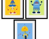 Personalized Boys Bedroom Robot Art Print Set. Three 10x8" Giclee Art Print set. Series 2.