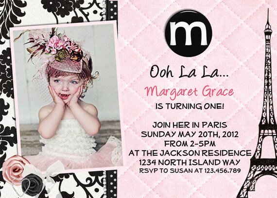 Paris Theme Birthday Invitation Damask Pink Printable Photo Card Il_570xn