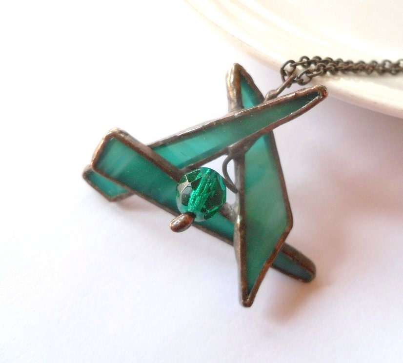 Stained glass pendant copper wire jewelry one of a kind  turquoise green statement necklace Soulflower