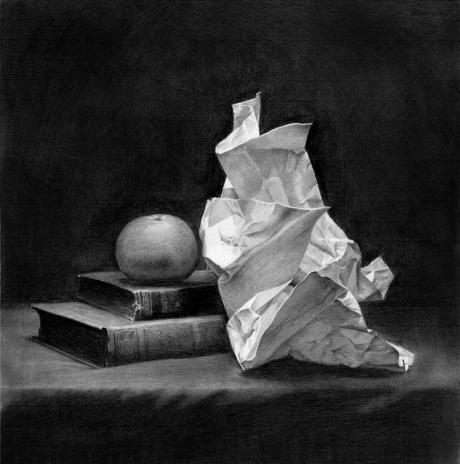 Hand made Pencil Graphite Drawing Still Life on 18x18" Bristol Paper Charcoal