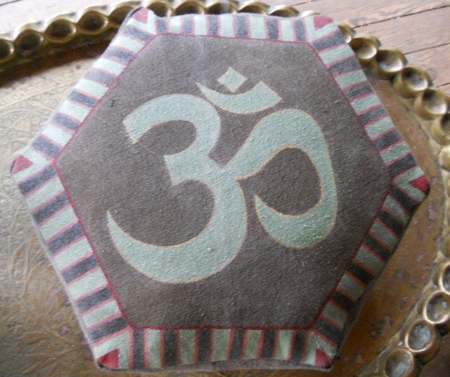 hexagonal OM meditation pillow, handpainted canvas zafu in brown, green, red and gold,vibrational healing