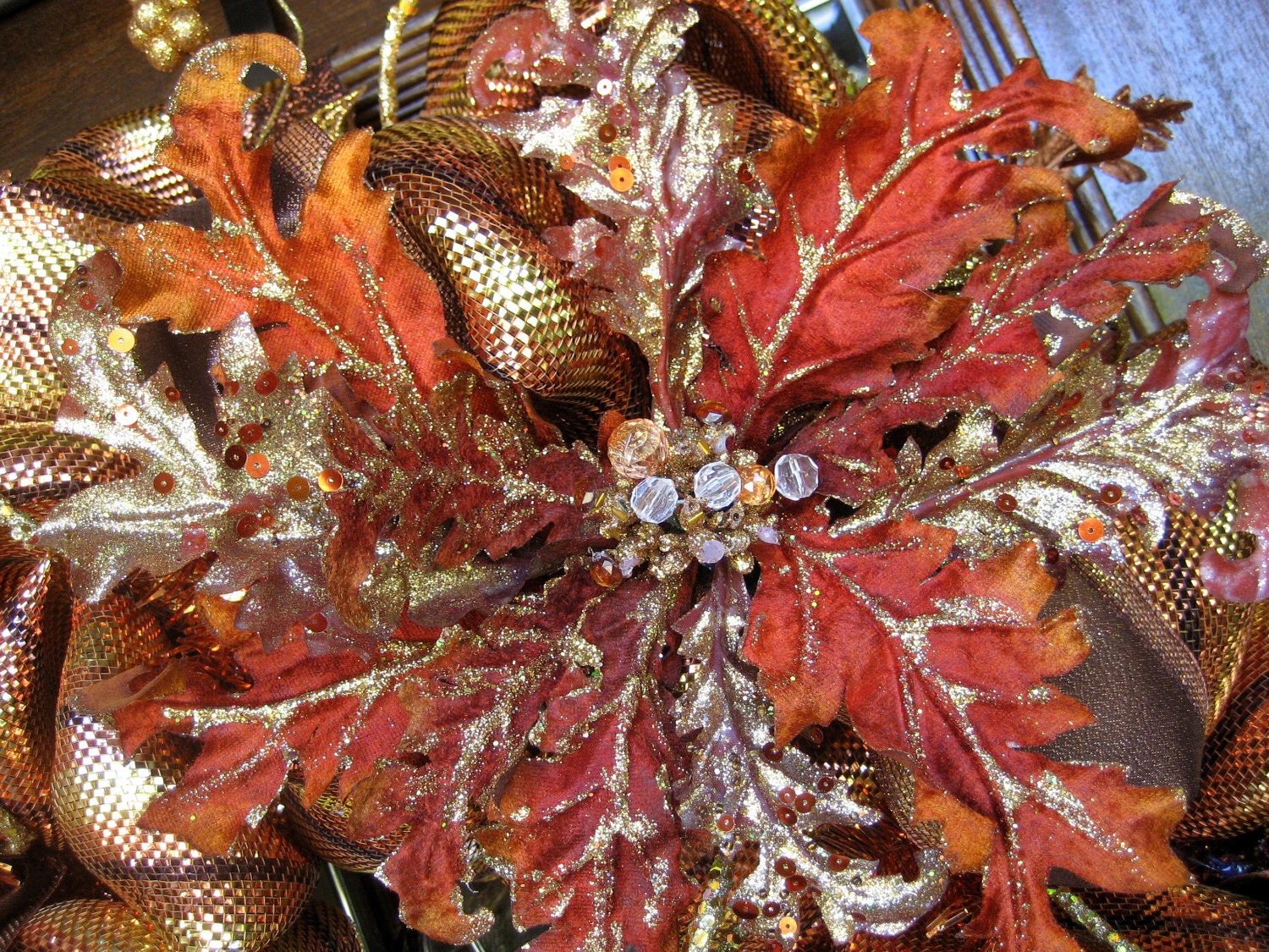 Deluxe Deco Mesh Bronze and Copper STRIPED Wreath with a large Sparkle FALL FLOWER