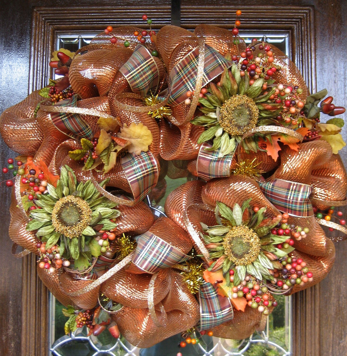 Deluxe Deco Mesh FALL BRONZE Wreath with SUNFLOWERS