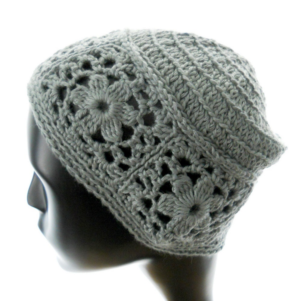 Hand crochet hat, women's crocheted beanie hat, hat with floral motifs, pewter gray bamboo-silk hat, eco fashion