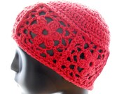 Women's crochet hat, coral women's crocheted beanie hat, upcycled silk-blend hat, begonia floral hat, eco fashion, made to order