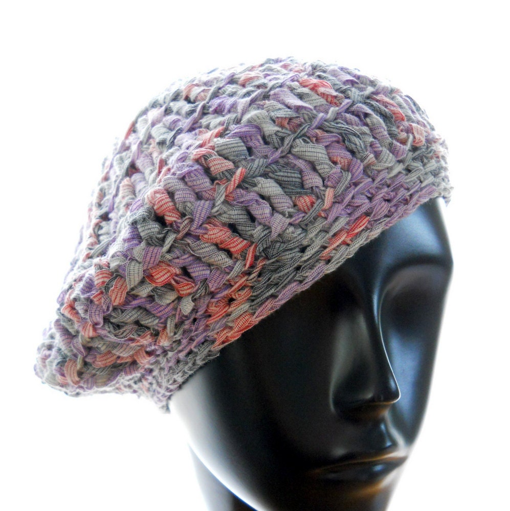 Hand crochet hat, women's crocheted beanie hat, ribbon yarn beret, multicolor beret, hat in stripes of red, grey and plum with white