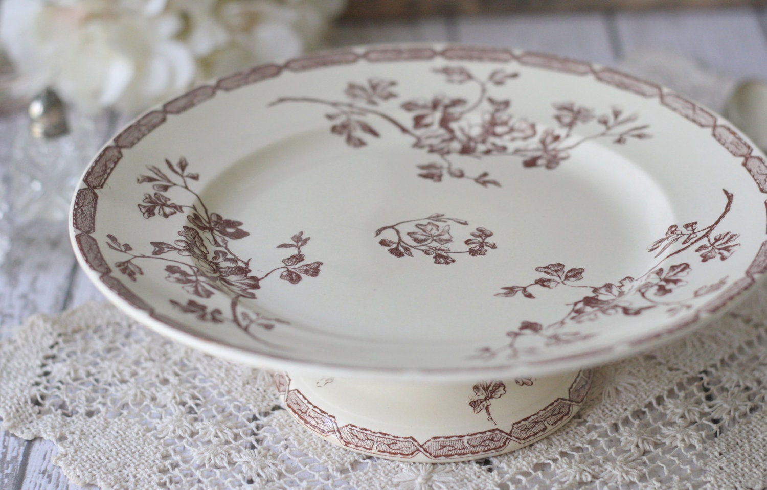 SALE  - Antique French Cake Stand/Compote - Brown Floral Pattern - by Luneville - circa 1900 - RARE (was 84.00 now 68.00)