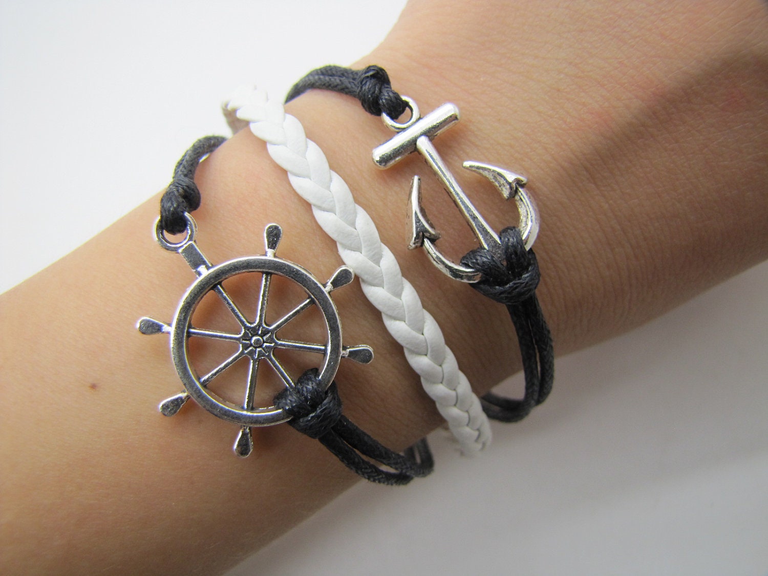 Adjustable Vintage Silver Bacelet  Black rope  Anchor  Bracelet  Cuff  Bracelet  Vintage bracelet  Jewelry Bangle 1142S