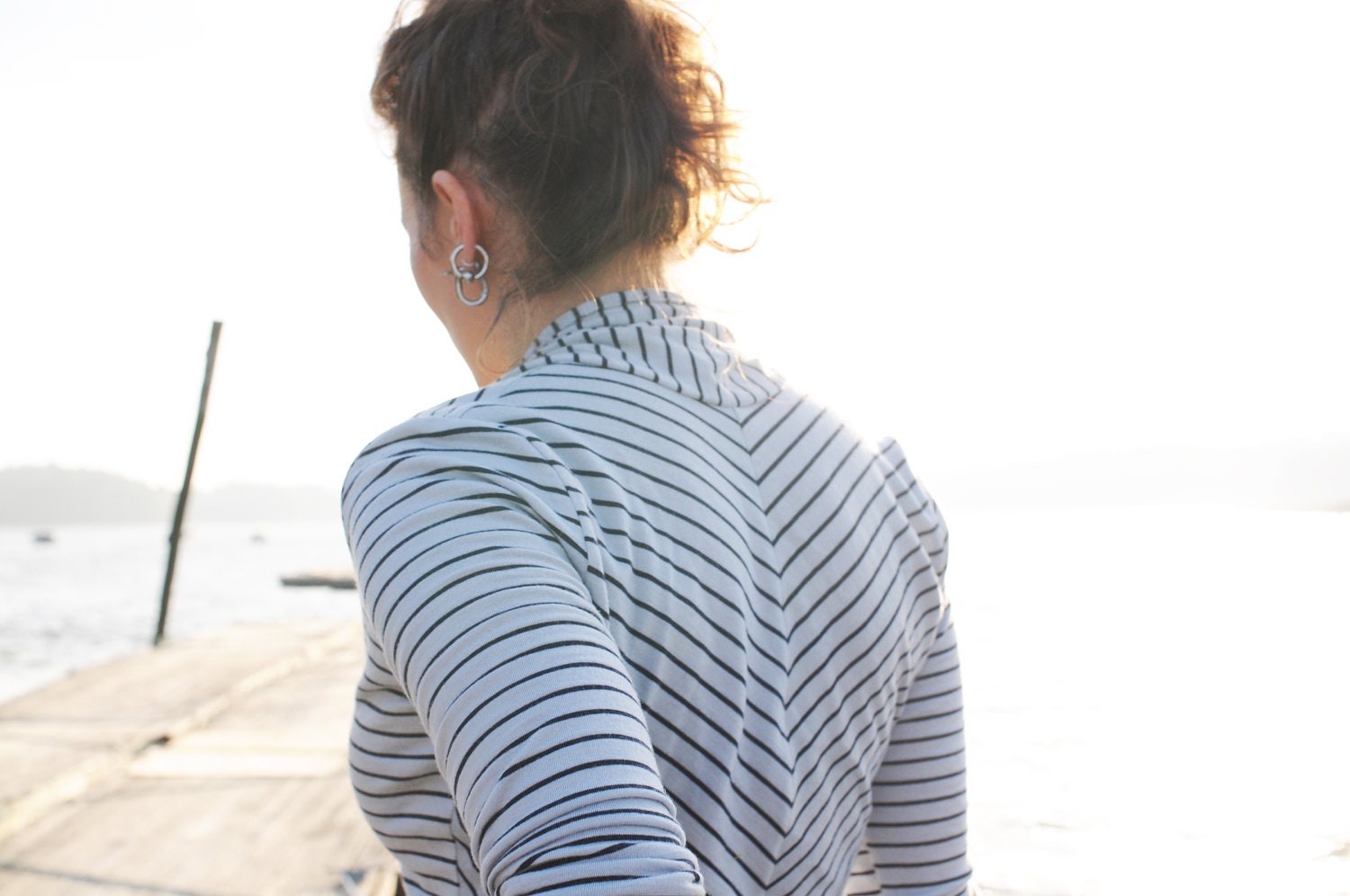 SALE organic merino jersey in blue nautical stripe shawl collar dress chevron back