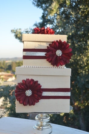 Red and Ivory Card box-The "Priya"- Ivory Dupioni silk, crystals and deep red accents