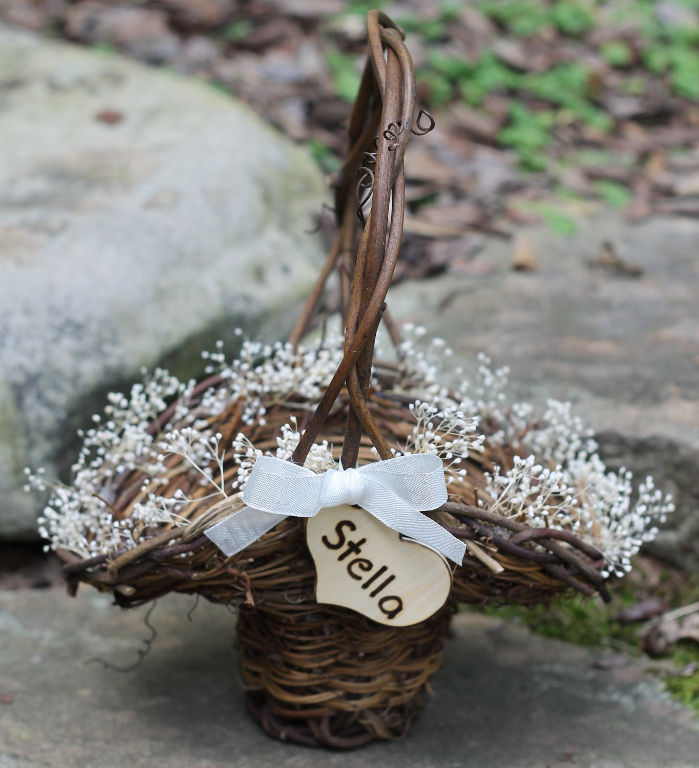 Flower Girl Basket Rustic Personalized Heart Lined In Baby's Breath, Christmas Basket, Custom Color  Ribbon For Cottage, Rustic Wedding