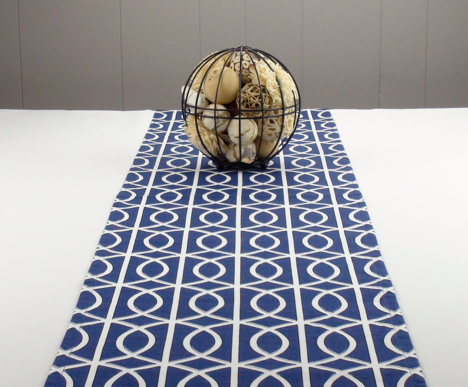 Modern Navy Blue Table Runner, White Table Runner, Blue Tablecloth - Blue Color, White Color  60 inch long