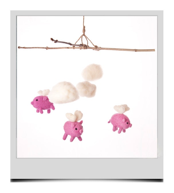 Hand Needle Felted Baby Mobile -  when pigs fly