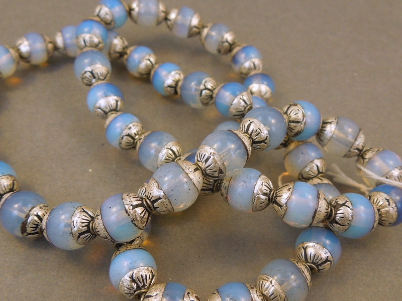 TEN Beautiful Opalite with Sterling Silver Tibetian Beads