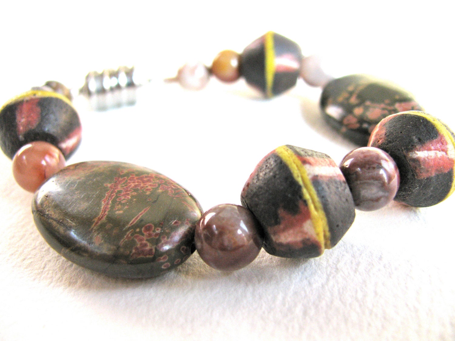 Venetian Powder Glass trade beads-Jasper-brown yellow red-beaded bracelet-gemstones 344