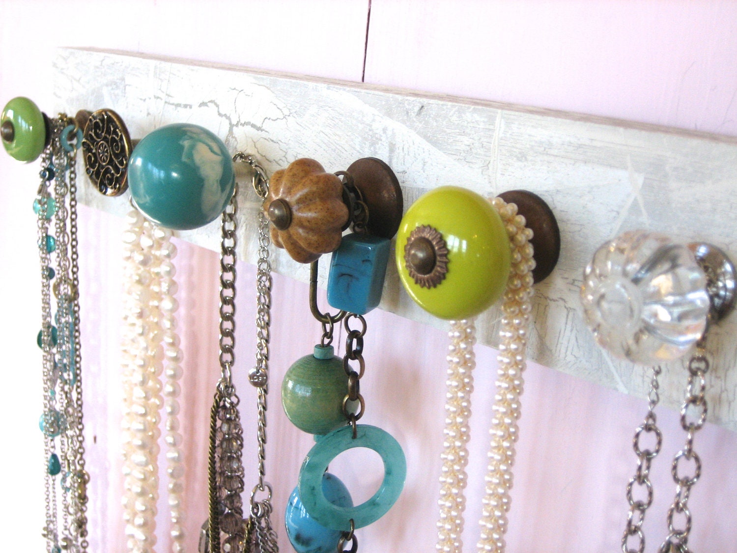 Necklace Holder with Blue and Green Knobs