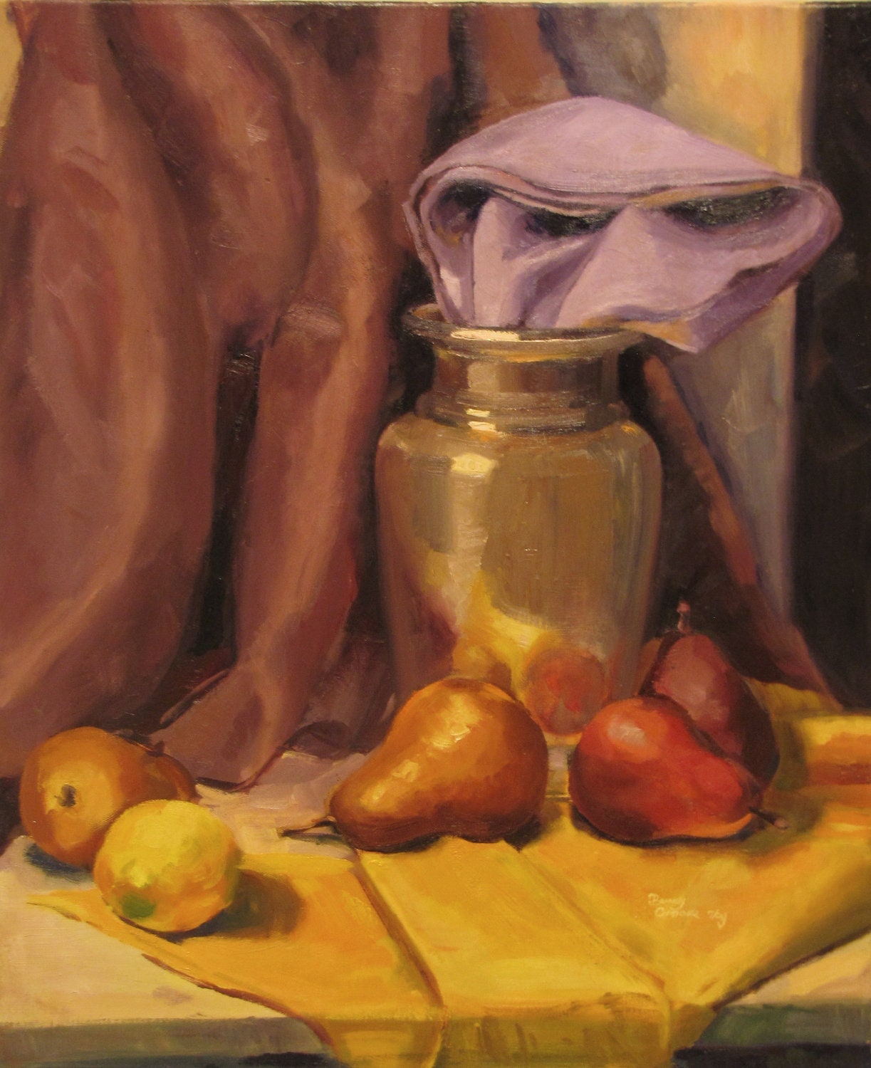 ACEO Print- Still Life acrylic painting with glossy finish. Colorful fruit, vase, and cloth near a window. Fine art by Brandy Cattoor.