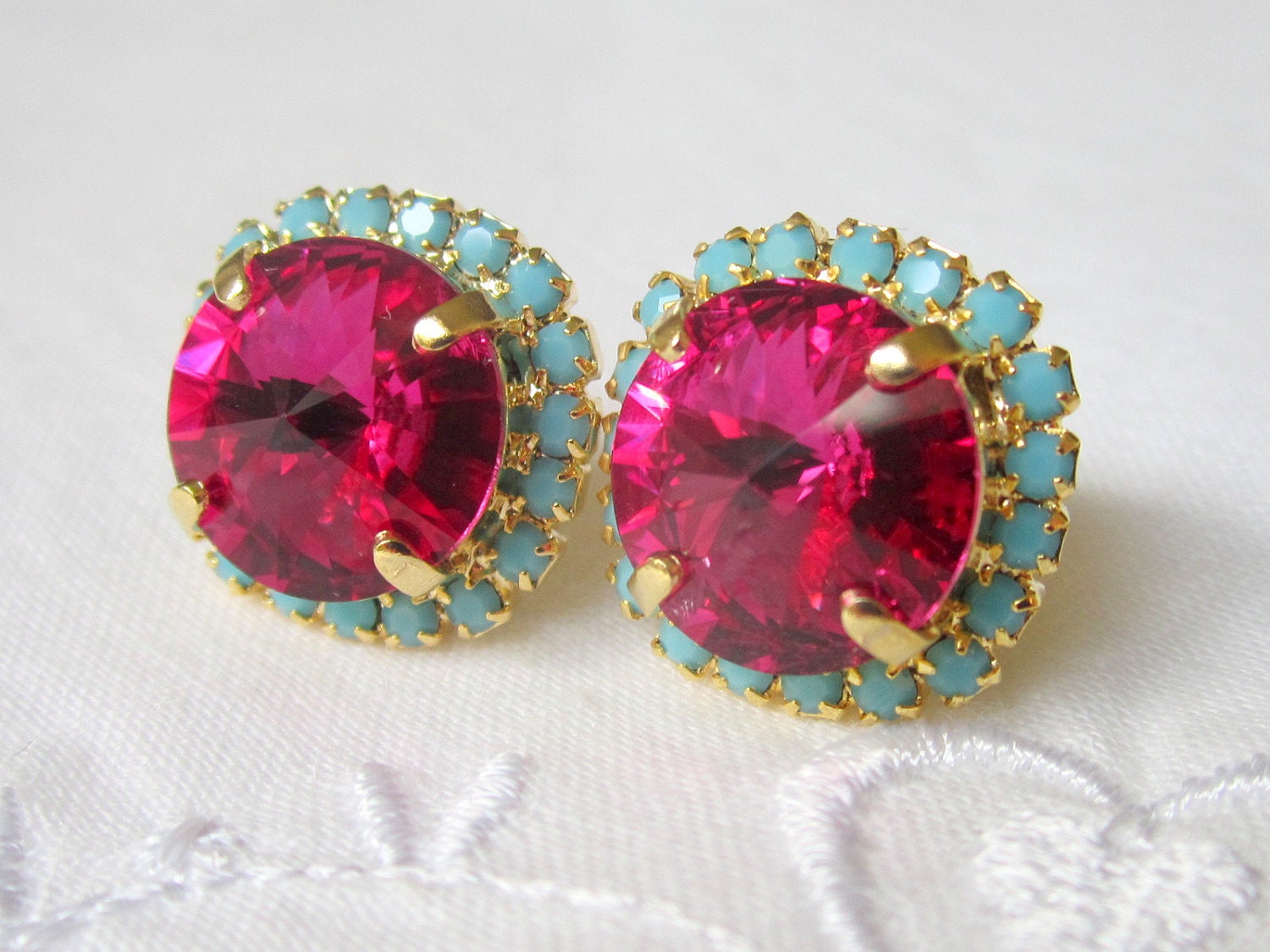 Pink and turquoise Swarovski Rhinestone crystal large stud earrings, Bridesmaids jewelry, Ruby and mint stud earrings, Bridal earrings