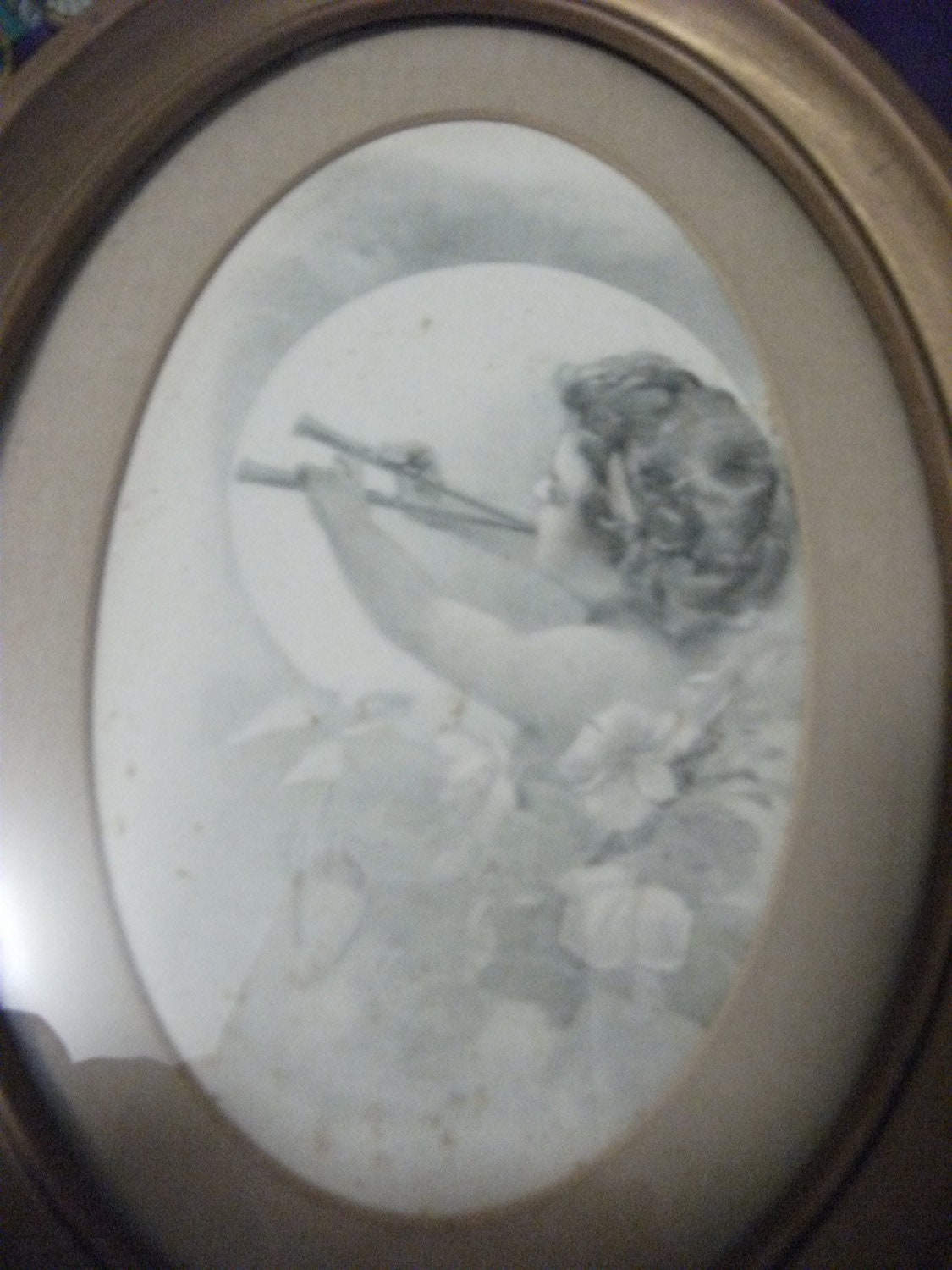 Antique Matted and Framed Old Art Postcard in Metal Oval Frame Pan Playing the Flute Victorian Neoclassical Only 8 USD