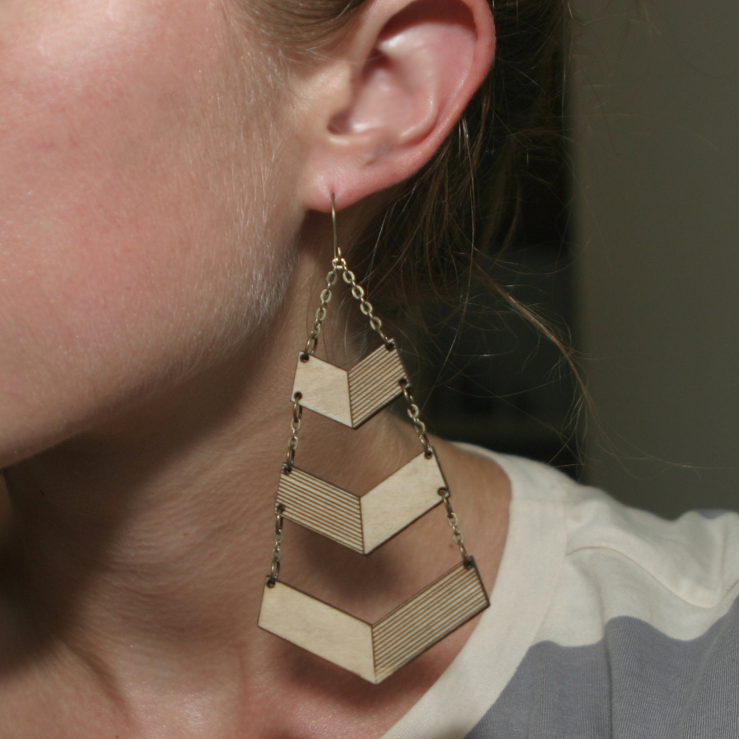 Three Tier Chevron Earrings - Make a Statement, Large Etched Wood Earrings (0020)