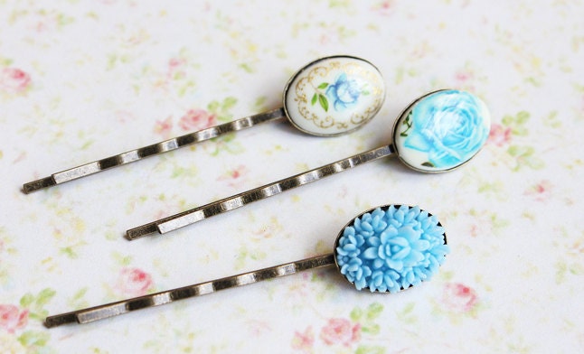 Something Blue Hair Pins. Vintage Cameo bobby pin. Spring, Summer, Blue Rose. Bridesmaids. Hair Accessories. Valentine, Bridal Hair Clip