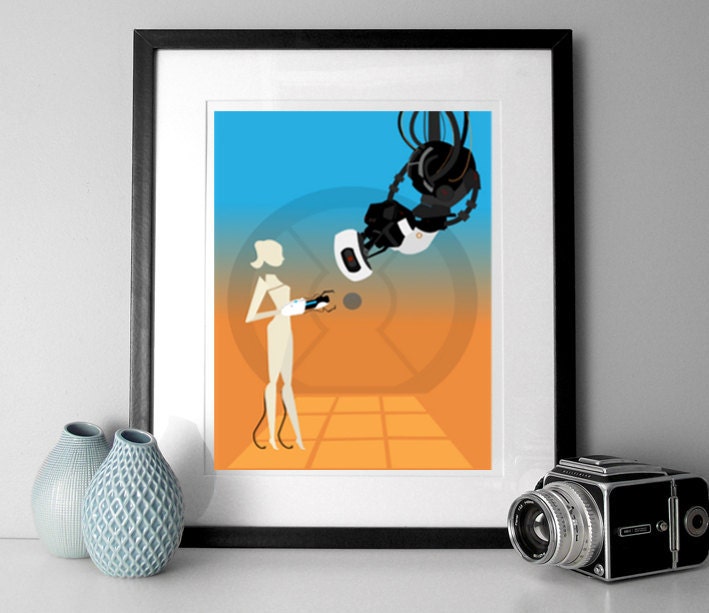 Portal illustration retro print A3 poster Portal GLaDOS and Chell
