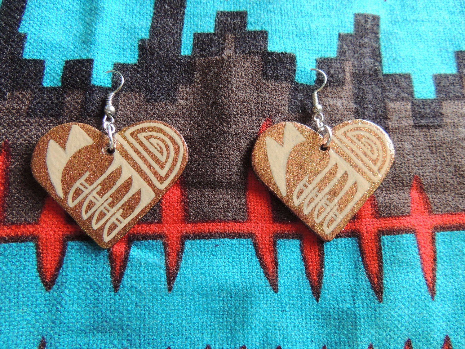 Hand Painted Heart Shaped Native American Earrings (Metallic Antique Copper)