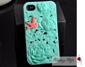 iPhone 4 Case, iPhone 4s Case, flower Hard iphone Case, Mint Colored iphone cases, with a cute bird
