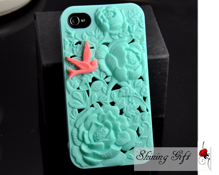 iPhone 4 Case, iPhone 4s Case, flower Hard iphone Case, Mint Colored iphone cases, with a cute bird