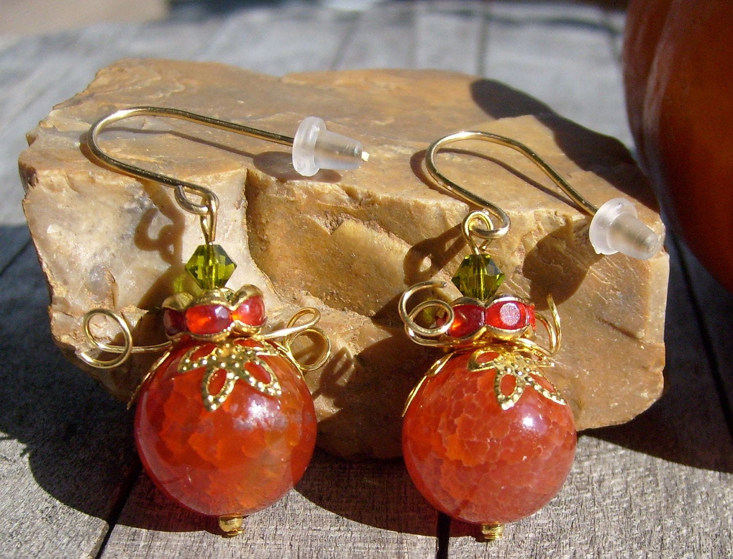 Pumpkin earrings - jewelry - earring - Orange Agate Stone - Green Swarovski - earring dangle -Halloween - Fall - handmade