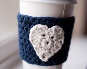 Crochet Coffee Cozy - Navy with Cream Heart