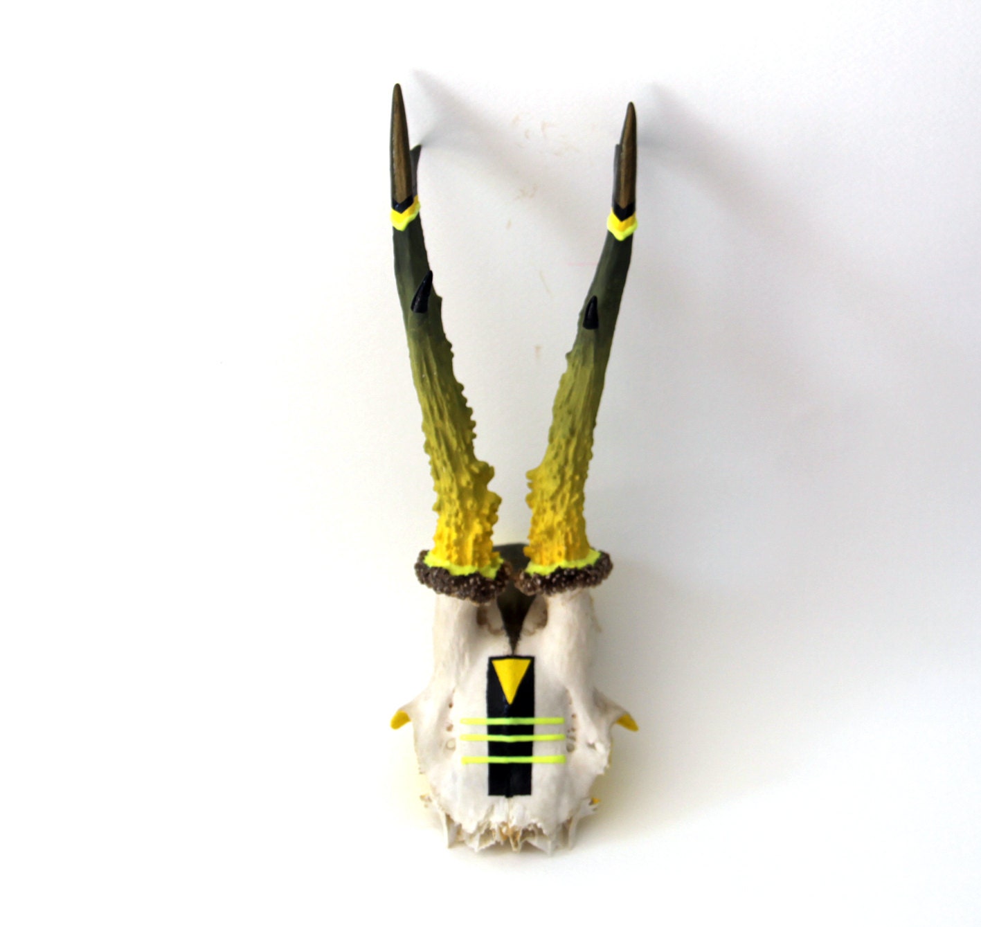 ombre NEON YELLOW & BLACK geometric aztec design painted deer skull and antlers with metallic green bronze and 3d details