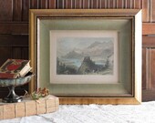 Vintage Art Blue Green W.H. Bartlett Landscape Gold Frame Steel Engraving Print