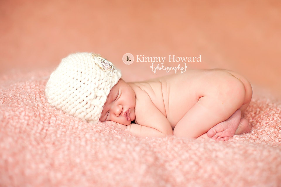 Cream Baby Hat with Burlap and rhinestone flower, Newborn Photography Props