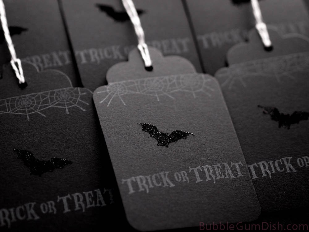 Black Halloween Hang Tags Gift Tags Trick or Treat Glitter Bat Spider Web 3x5 Set of 6 Hand Stamped Large