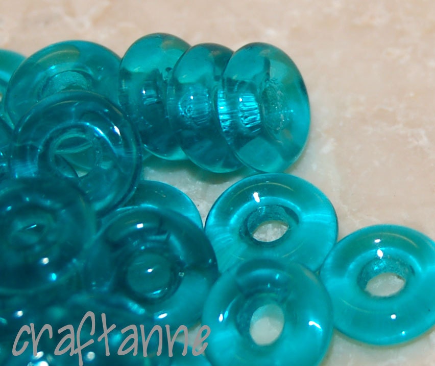 8x2.5mm Teal Donut Bright Happy Aqua Transparent Round Czech Glass Roundel Rondelle Roundelle, 50 Beads and Free Shipping