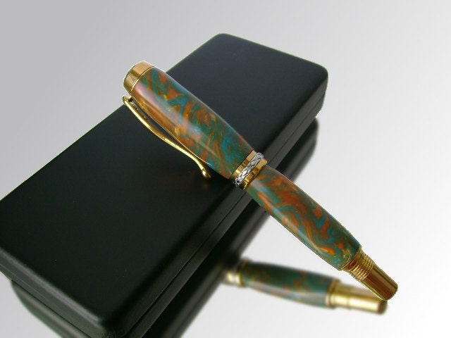 High End Fountain Pen - Turquoise Orange Lava - Handcrafted - Gold - With Black Leather Gift Box