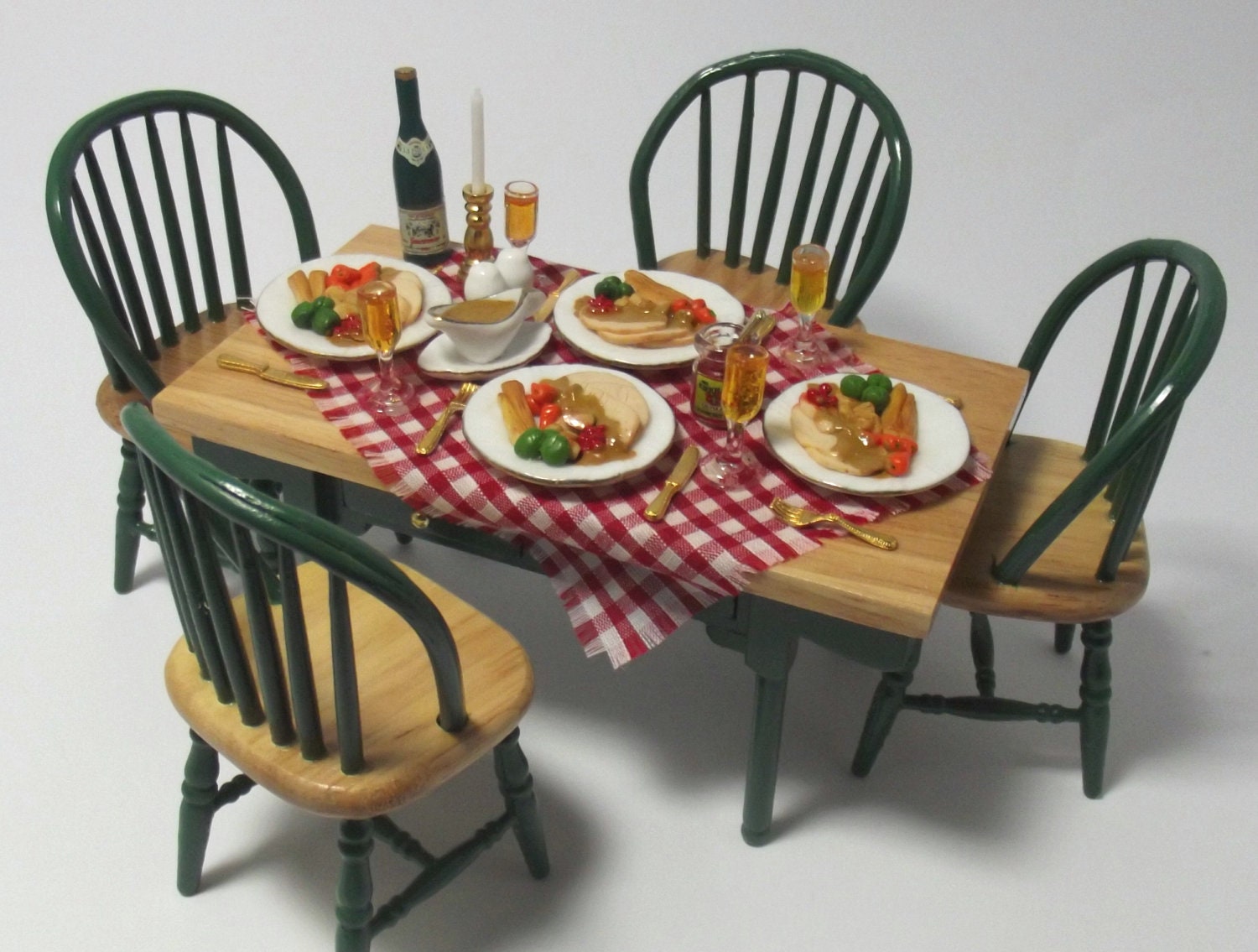 Dolls House 1:12 OOAK Miniature Country Kitchen - Handmade Turkey Dinner Table Set